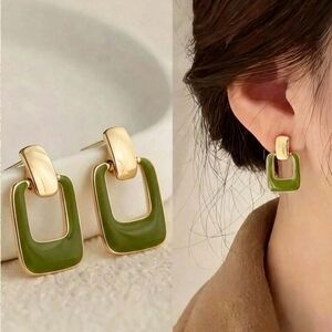 Gold and Olive Green Geometric Drop Earrings NEW